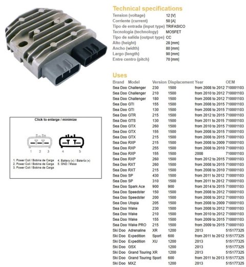DZE REGULATOR NAPIĘCIA SEA DOO CHALLENGER/GTI/RXP/WAKE 1500 '08-'12; GRAND TOURING 600/1200 '11-'13 (OEM 710001103) (50A)