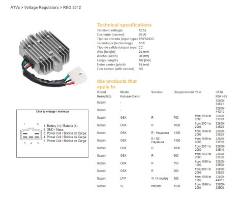 DZE REGULATOR NAPIĘCIA SUZUKI GSX 600R '01-'05; GSX 750R '96-'05; GSX 1000R '01-'04; GSX 1300R HAYABUSA '97-'03; VL 1500 INTRUDE