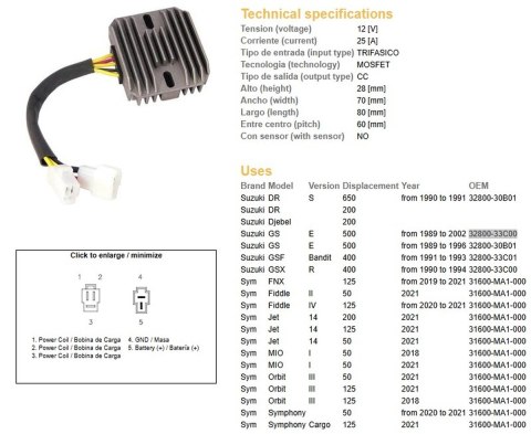 DZE REGULATOR NAPIĘCIA SUZUKI GSF 400 BANDIT '90-'94; GS 500E '89-'02; DR 650S '90-'91 (ESR170) (32800-33C00)