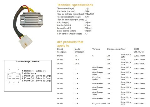 DZE REGULATOR NAPIĘCIA SUZUKI LT-F 160 '91-'01; LT-F 250 QUADRUNNER '87-'98; LT-F 300 'KING QUAD '91-'98; DR-Z 250 '01-'07; DR-Z