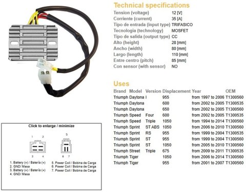 DZE REGULATOR NAPIĘCIA TRIUMPH DAYTONA 600/650 '02-'05; DAYTONA 955I '97-'06; SPRINT 955RS/ST '99-'04; SPRINT 1050 '06-'14; STRE