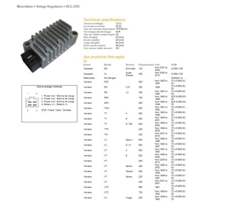 DZE REGULATOR NAPIĘCIA YAMAHA XT 225 SEROW '98-'03; XT 250 '08-'12; XT 600E/K '91-'02; XT 600Z TENERE '86-'89; XTZ 750 SUPER TEN