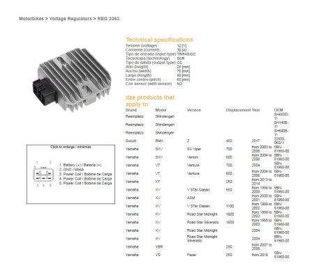 DZE REGULATOR NAPIĘCIA YAMAHA XT 250 '13-'14; YBR 250 '07-'09; XV 650 DRAG STAR '98-'00; XV 1600 ROAD STAR '99-03 (OEM-5BN-81960