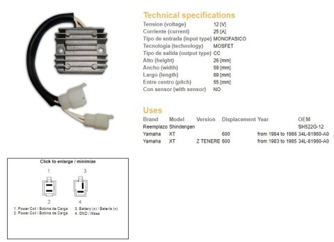 DZE REGULATOR NAPIĘCIA YAMAHA XT 600Z TENERE '83-'86 (34L-81960-A0) (SH522G-12)