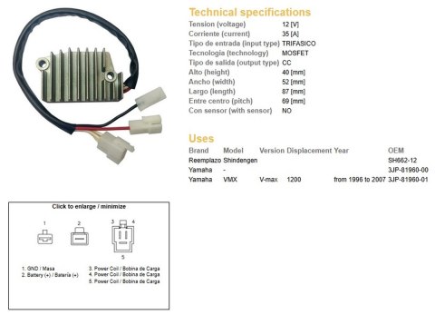 DZE REGULATOR NAPIĘCIA YAMAHA V-MAX 1200 '96-'07 (OEM 3JP-81960-01) MOFSET (35A)